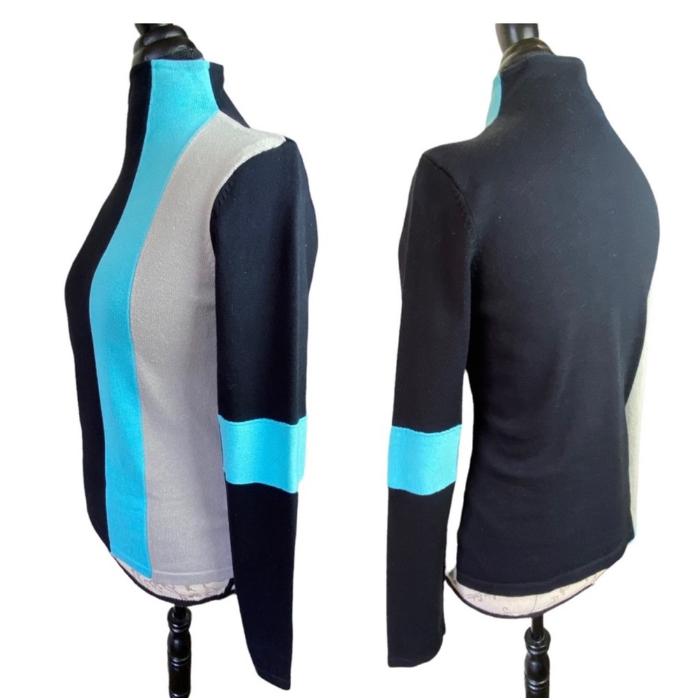 Retro Color Block Black Blue Gray Tight Knit High Neck Long Sleeve Mod Slim Fit